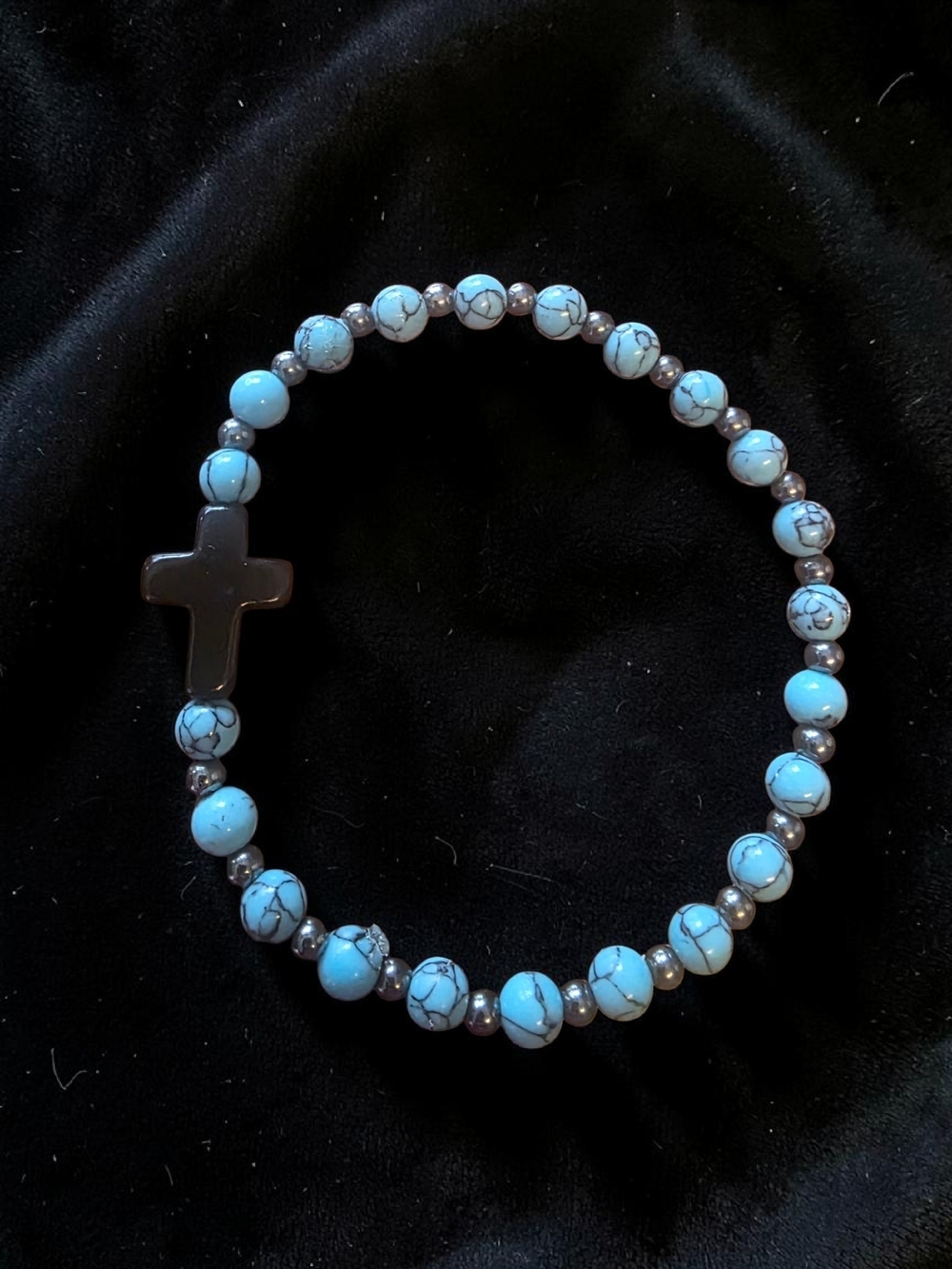 Handmade Turquoise Beaded Stretch Bracelet Hematite Cross